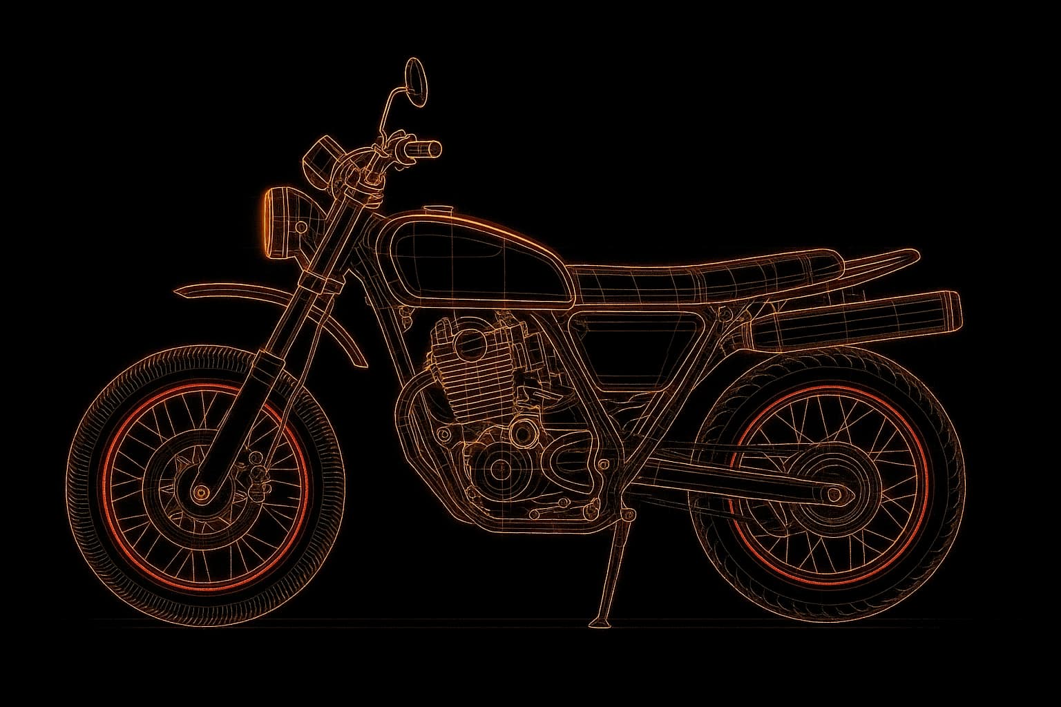 Drahtgitter-Zeichnung eines Motorrads in Seitenansicht mit leuchtenden orangen Linien auf schwarzem Hintergrund. Sichtbar sind Details wie Rahmen, Motor, Räder mit Speichen, Lenker, Scheinwerfer und Auspuffanlage.
